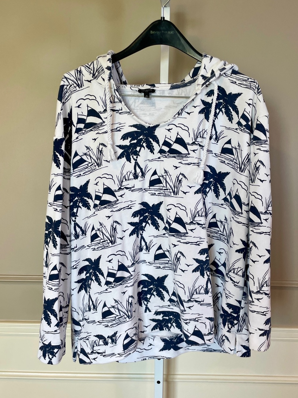 Talbots 2X Sail Away Print Drawstring Hoodie Sailboats Nautical Travel Navy